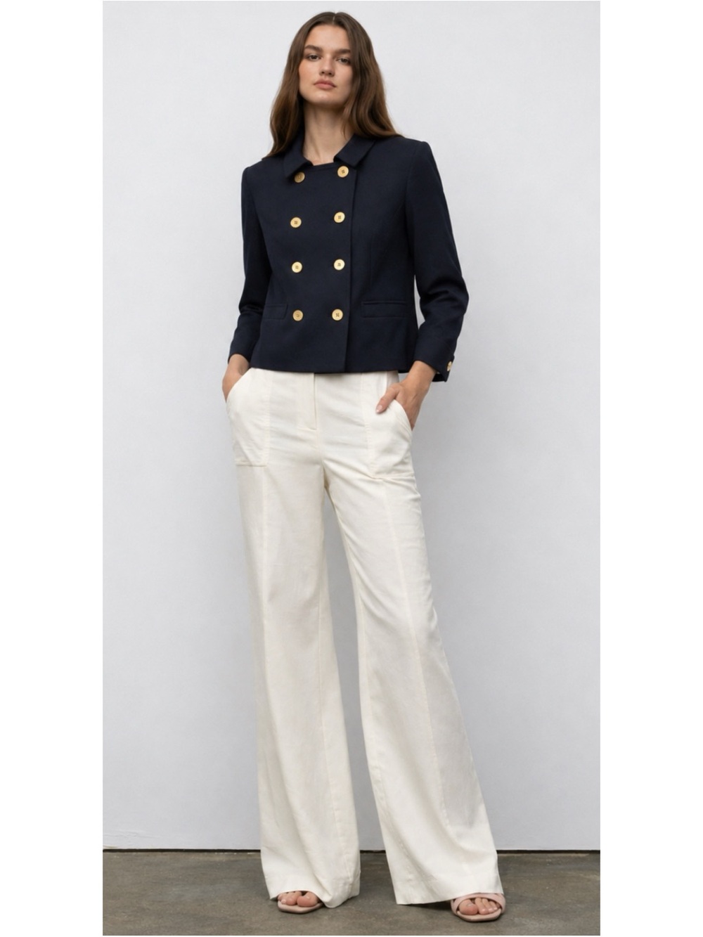 Iris Setlakwe Classy Navy Double-Breasted Cropped Jacket ~ Gold Buttons Size 8